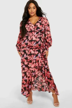 Wrap Dresses*boohoo Plus Floral Ruffle Wrap Maxi Dress pink