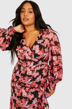 Wrap Dresses*boohoo Plus Floral Ruffle Wrap Maxi Dress pink