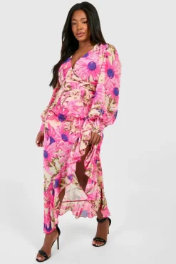 Wrap Dresses|Maxi Dresses*boohoo Plus Floral Ruffle Wrap Maxi Dress pink
