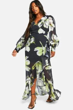 Wrap Dresses|Maxi Dresses*boohoo Plus Floral Ruffle Wrap Maxi Dress black