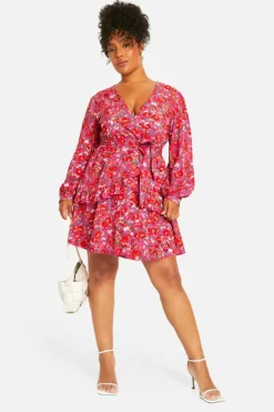 Wrap Dresses|Skater Dresses*boohoo Plus Floral Ruffle Wrap Skater Dress pink