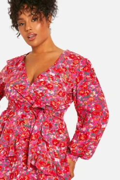 Wrap Dresses|Skater Dresses*boohoo Plus Floral Ruffle Wrap Skater Dress pink