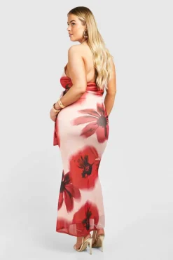 Wrap Dresses*boohoo Plus Floral Wrap Cowl Maxi Dress red
