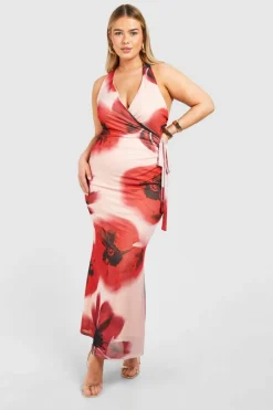 Wrap Dresses*boohoo Plus Floral Wrap Cowl Maxi Dress red