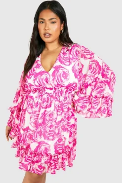 Smock Dresses|Wrap Dresses*boohoo Plus Floral Wrap Extreme Sleeve Smock Dress pink