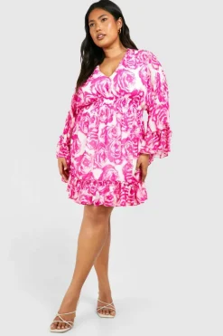 Smock Dresses|Wrap Dresses*boohoo Plus Floral Wrap Extreme Sleeve Smock Dress pink