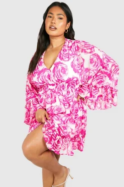 Smock Dresses|Wrap Dresses*boohoo Plus Floral Wrap Extreme Sleeve Smock Dress pink