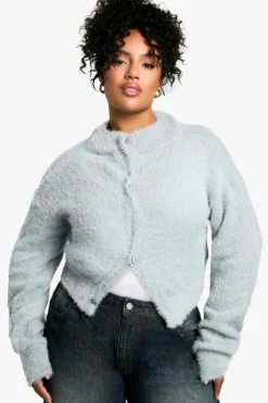 Cardigans*boohoo Plus Fluffy Knit Crew Neck Cardigan ash grey