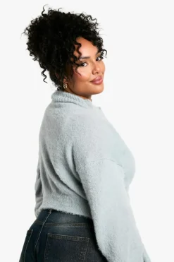 Cardigans*boohoo Plus Fluffy Knit Crew Neck Cardigan ash grey