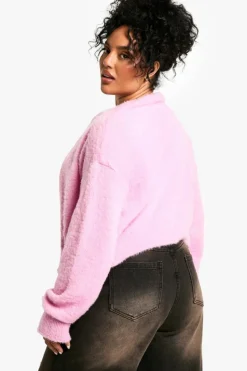 Cardigans|Knitwear*boohoo Plus Fluffy Knit Crew Neck Cardigan pink