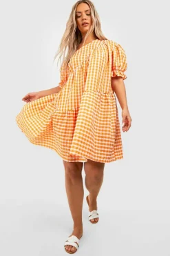 Smock Dresses*boohoo Plus Gingham Textured Tiered Smock Dress orange