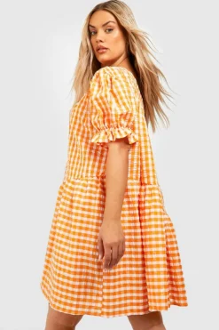 Smock Dresses*boohoo Plus Gingham Textured Tiered Smock Dress orange