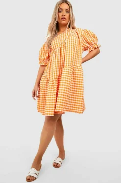 Smock Dresses*boohoo Plus Gingham Textured Tiered Smock Dress orange
