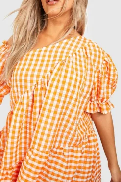 Smock Dresses*boohoo Plus Gingham Textured Tiered Smock Dress orange