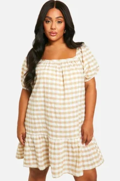 Smock Dresses*boohoo Plus Gingham Tiered Smock Dress stone