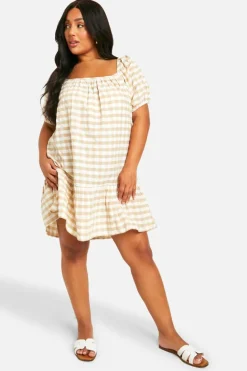 Smock Dresses*boohoo Plus Gingham Tiered Smock Dress stone