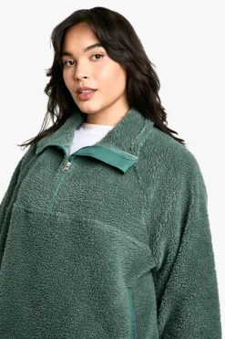 Sweatshirts|Hoodies & Sweatshirts*boohoo PLUS HALF ZIP SIDE POCKET OVERSZIED BORG SWEATSHIRT khaki