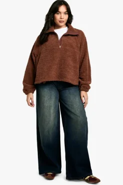 Sweatshirts|Hoodies & Sweatshirts*boohoo PLUS HALF ZIP SIDE POCKET OVERSZIED BORG SWEATSHIRT chocolate