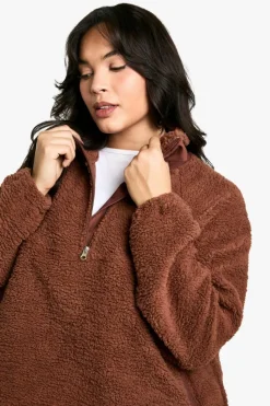 Sweatshirts|Hoodies & Sweatshirts*boohoo PLUS HALF ZIP SIDE POCKET OVERSZIED BORG SWEATSHIRT chocolate