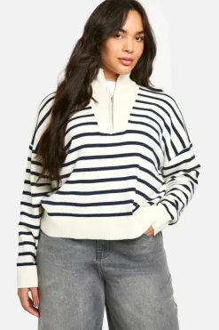 Jumpers*boohoo Plus Half Zip Stripped Jumper ivory