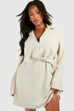 Mini Dresses|Long Sleeve Dresses*boohoo Plus Hammered Twist Front Shift Dress stone