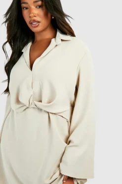 Mini Dresses|Long Sleeve Dresses*boohoo Plus Hammered Twist Front Shift Dress stone