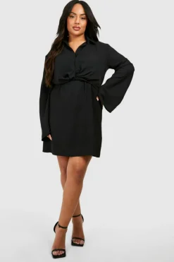 Mini Dresses|Long Sleeve Dresses*boohoo Plus Hammered Twist Front Shift Dress black