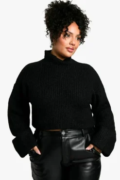 Oversized Jumpers|Jumpers*boohoo Plus High Neck Oversized Crop Knitted Jumper black