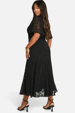 Skater Dresses|Dresses*boohoo Plus Jacquard Floral Angel Sleeve Midaxi Dress black