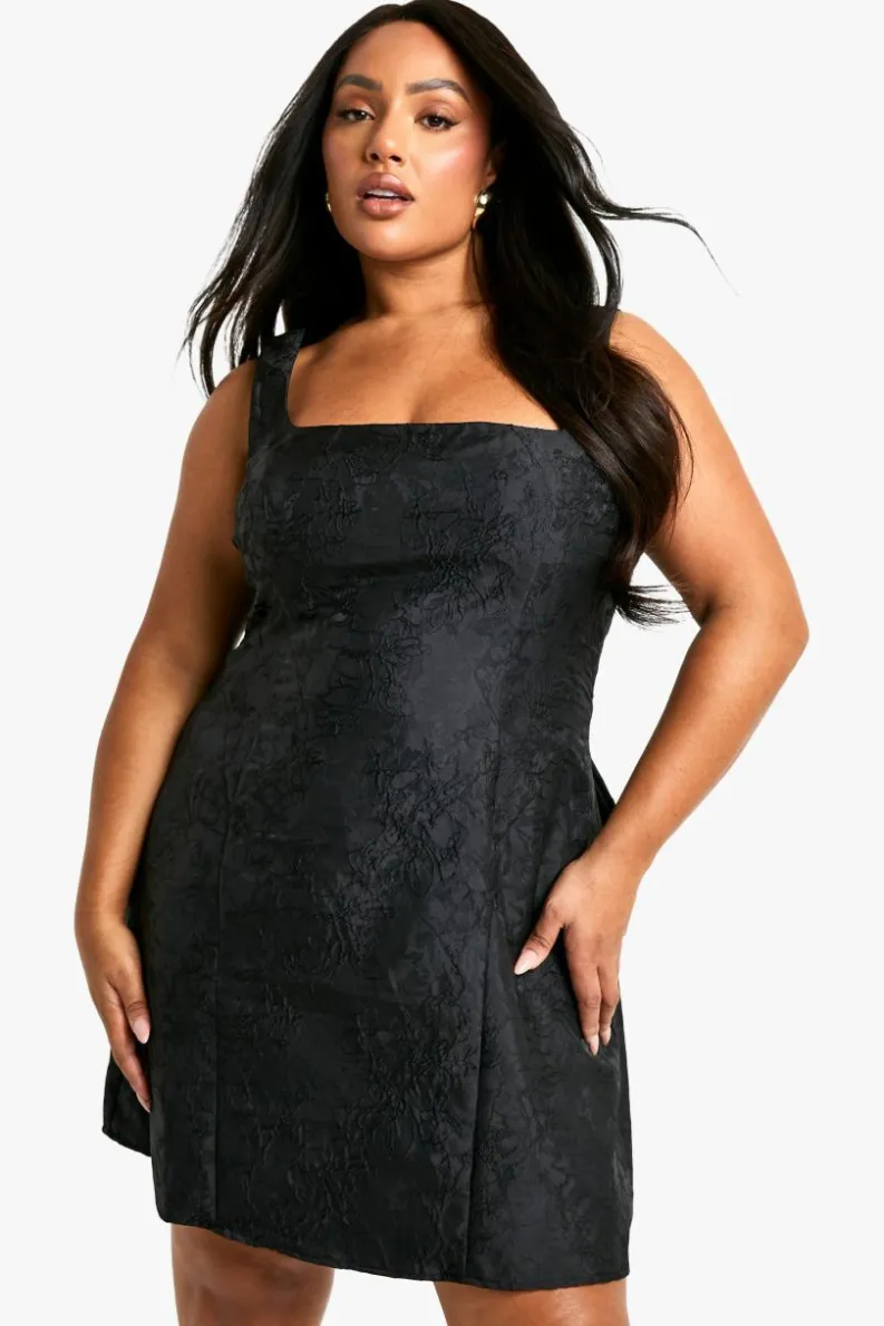 Skater Dresses*boohoo Plus Jacquard Square Neck Skater Dress black