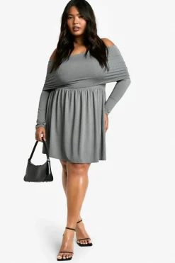 Skater Dresses*boohoo Plus Jersey Off Shoulder Skater Dress grey marl