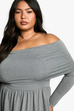 Skater Dresses*boohoo Plus Jersey Off Shoulder Skater Dress grey marl