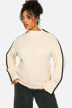 Oversized Jumpers|Jumpers*boohoo Plus Knitted Bindng Detail Crew Neck Oversized Jumper cream