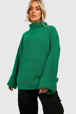 Jumpers|Jumpers & Cardigans*boohoo Plus Knitted Deep Cuff Roll Neck Jumper emerald