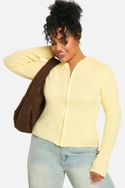 Cardigans*boohoo Plus Knitted Rib Zip Through Hoodie lemon
