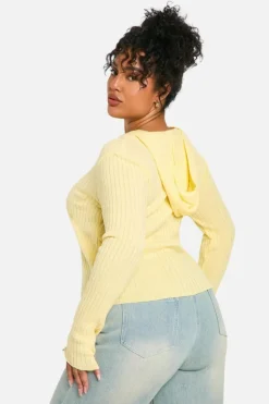 Cardigans*boohoo Plus Knitted Rib Zip Through Hoodie lemon