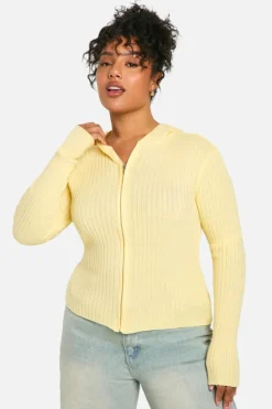 Cardigans*boohoo Plus Knitted Rib Zip Through Hoodie lemon