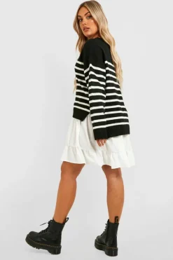 Shirt Dresses|Jumper Dresses*boohoo Plus Knitted Stripe Jumper 2 In 1 Shirt Dress black