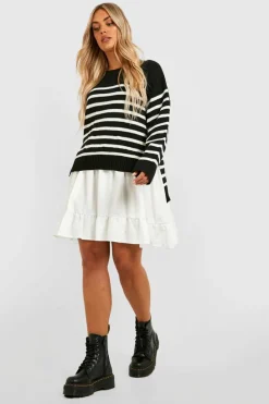 Shirt Dresses|Jumper Dresses*boohoo Plus Knitted Stripe Jumper 2 In 1 Shirt Dress black