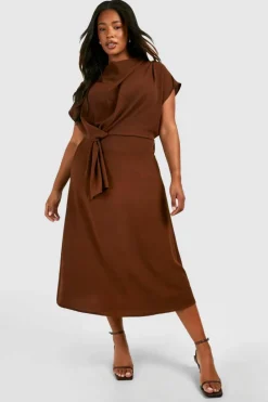 Midi Dresses*boohoo Plus Knot Cowl Neck Midi Column Dress chocolate