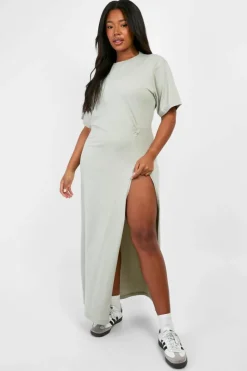 T-Shirt Dresses|Shirt Dresses*boohoo Plus Knot Detail High Split T-shirt Dress sage