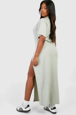 T-Shirt Dresses|Shirt Dresses*boohoo Plus Knot Detail High Split T-shirt Dress sage