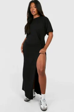 T-Shirt Dresses|Shirt Dresses*boohoo Plus Knot Detail High Split T-shirt Dress black