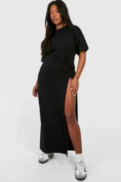 T-Shirt Dresses|Shirt Dresses*boohoo Plus Knot Detail High Split T-shirt Dress black