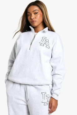 Sweatshirts|Athleisure*boohoo Plus LA Embroidered Half Zip Sweater ash grey
