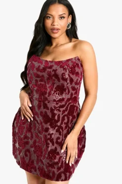 Mini Dresses|Dresses*boohoo Plus Lace Demask Bandeau Skater Dress berry