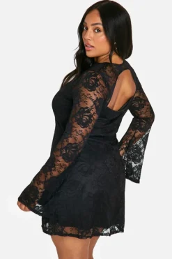 Skater Dresses|Mini Dresses*boohoo Plus Lace Flared Sleeve Skater Dress black