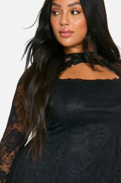 Skater Dresses|Mini Dresses*boohoo Plus Lace Flared Sleeve Skater Dress black