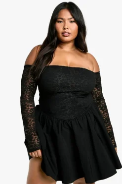 Skater Dresses*boohoo Plus Lace Off Shoulder Bengaline Skater Dress black