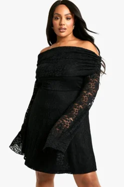 Skater Dresses*boohoo Plus Lace Off Shoulder Flared Skater Dress black